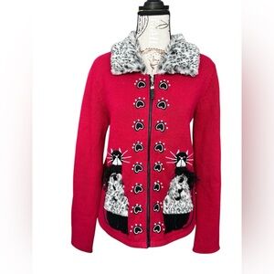 TimberLea Cat Lover Novelty Cardigan Sweater w/detachable faux fur collar size S